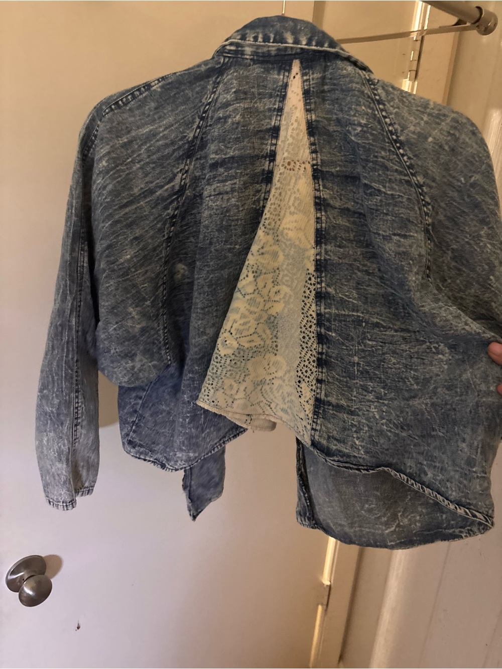 80’s stone washed lightweight jacket.  Blue Denim Jacket with Lace Back Panel